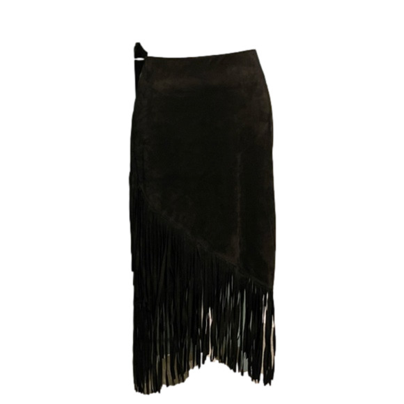 WD.NY Dresses & Skirts - 𝅺WD.NY Black Suede Fringe Hem Midi Skirt Size M